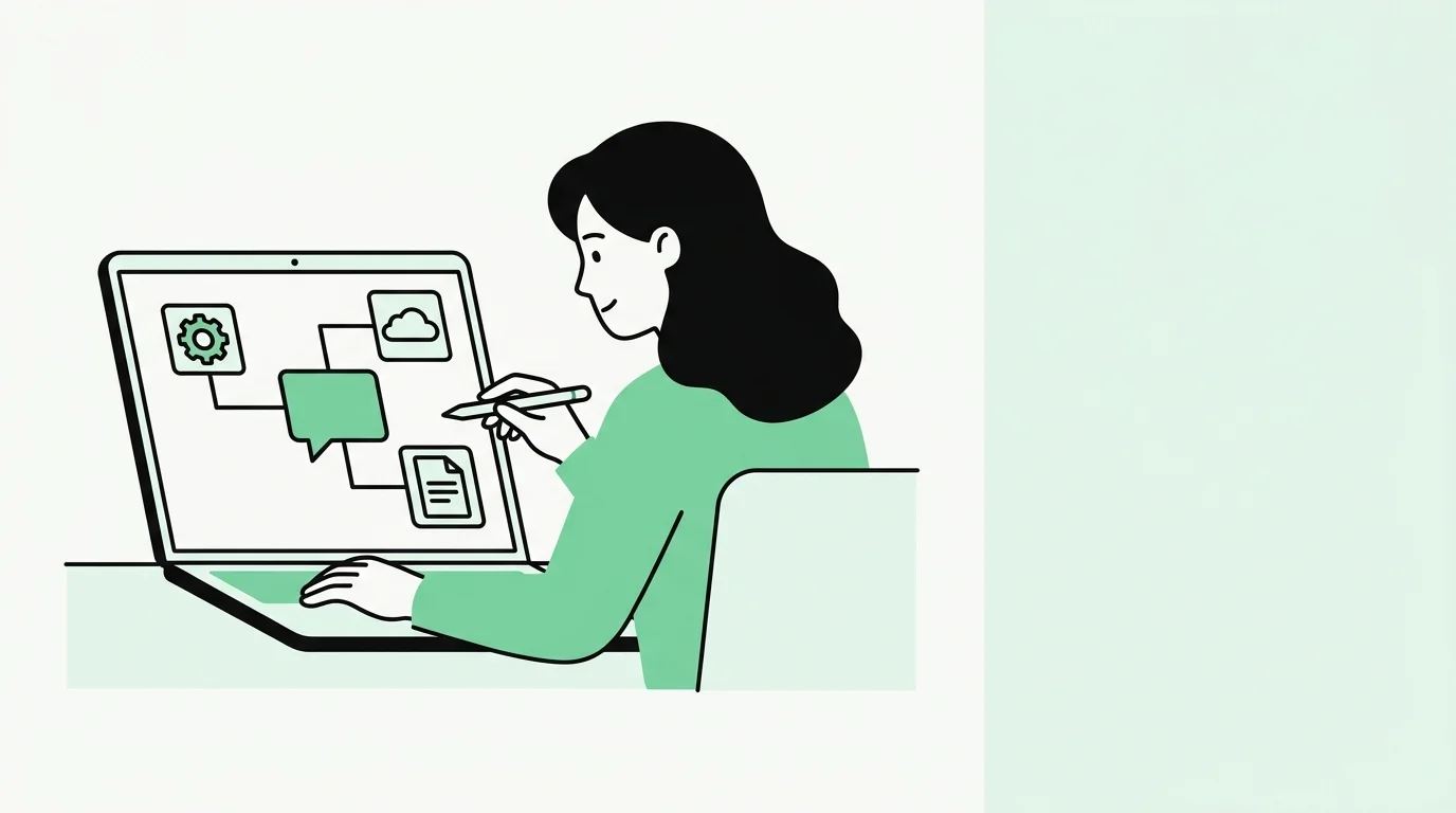 Een specialist bouwt een workflowdiagram met een AI-assistent-stap tussen gekoppelde app-iconen op een laptop