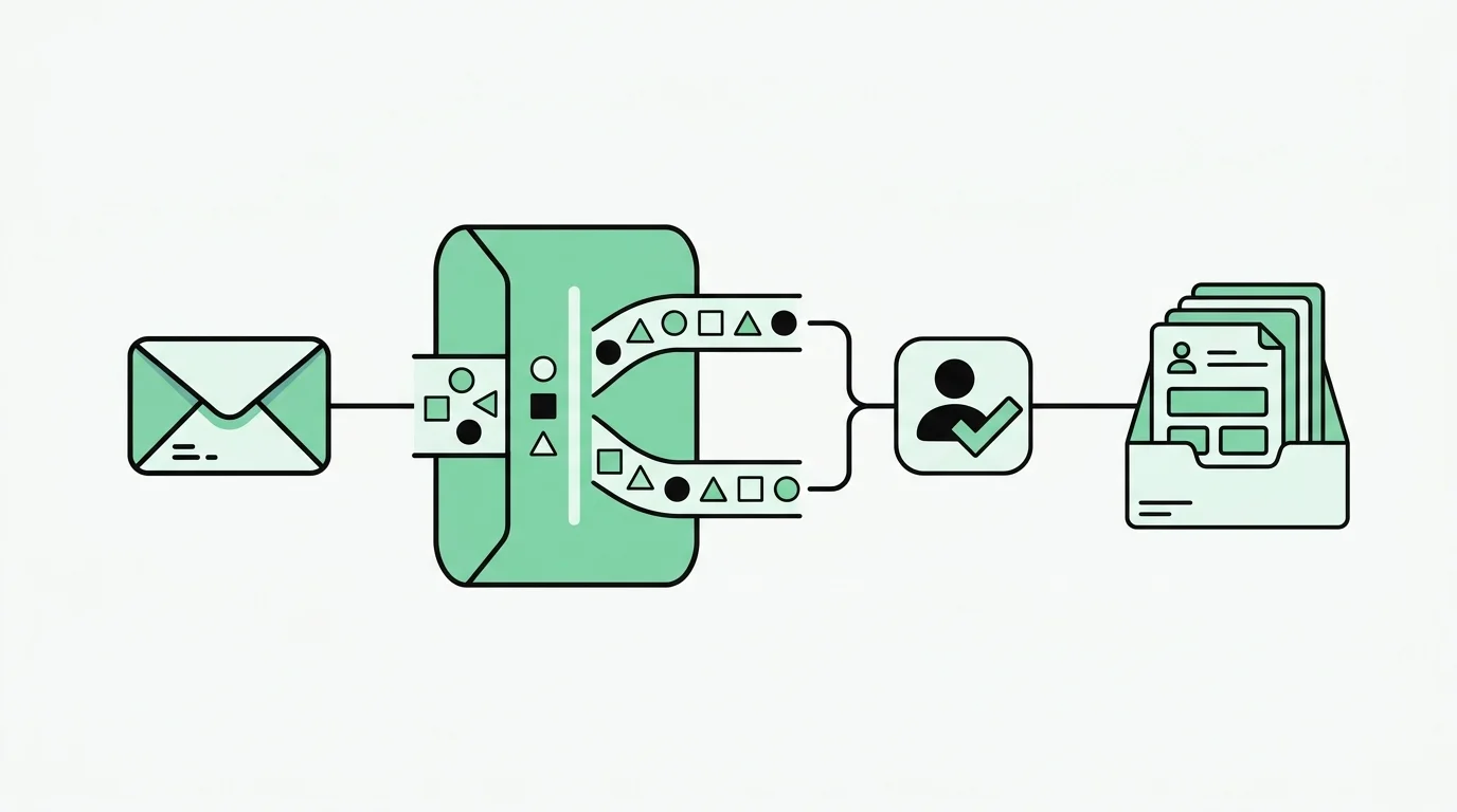 Een workflow van verbonden blokken: een envelop, een groen sorteerblok dat binnenkomende vormen in twee nette stromen verdeelt, een persoon met een vinkje en een stapel geordende documenten