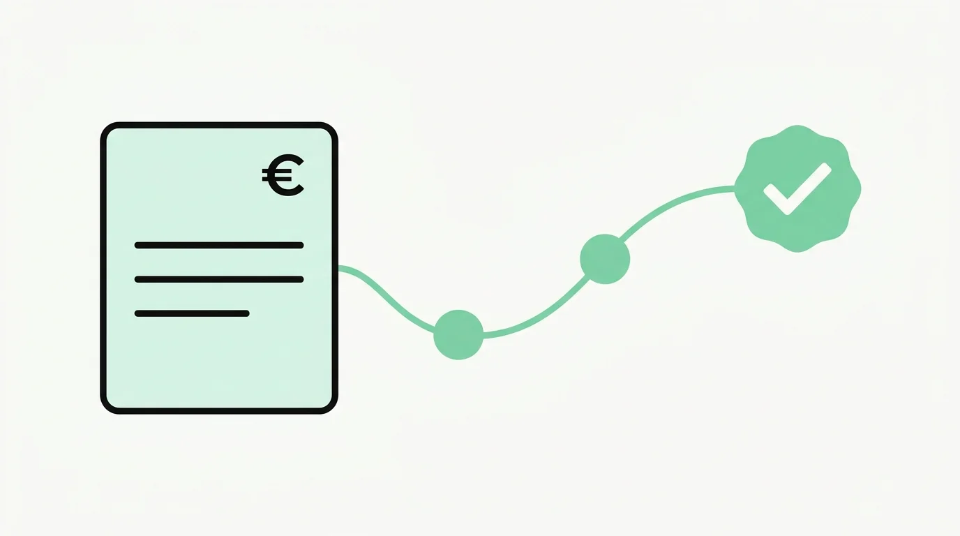 Een factuur met een euroteken, verbonden via een golvende lijn met twee groene knooppunten naar een groen vinkje, als schema van een geautomatiseerde workflow
