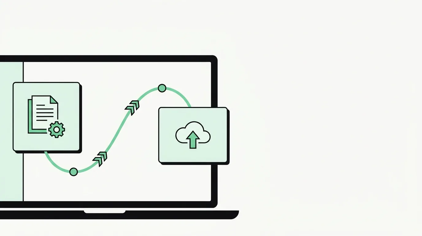 Twee software-app-iconen worden verbonden door een vloeiende automatische workflowlijn op een laptopscherm