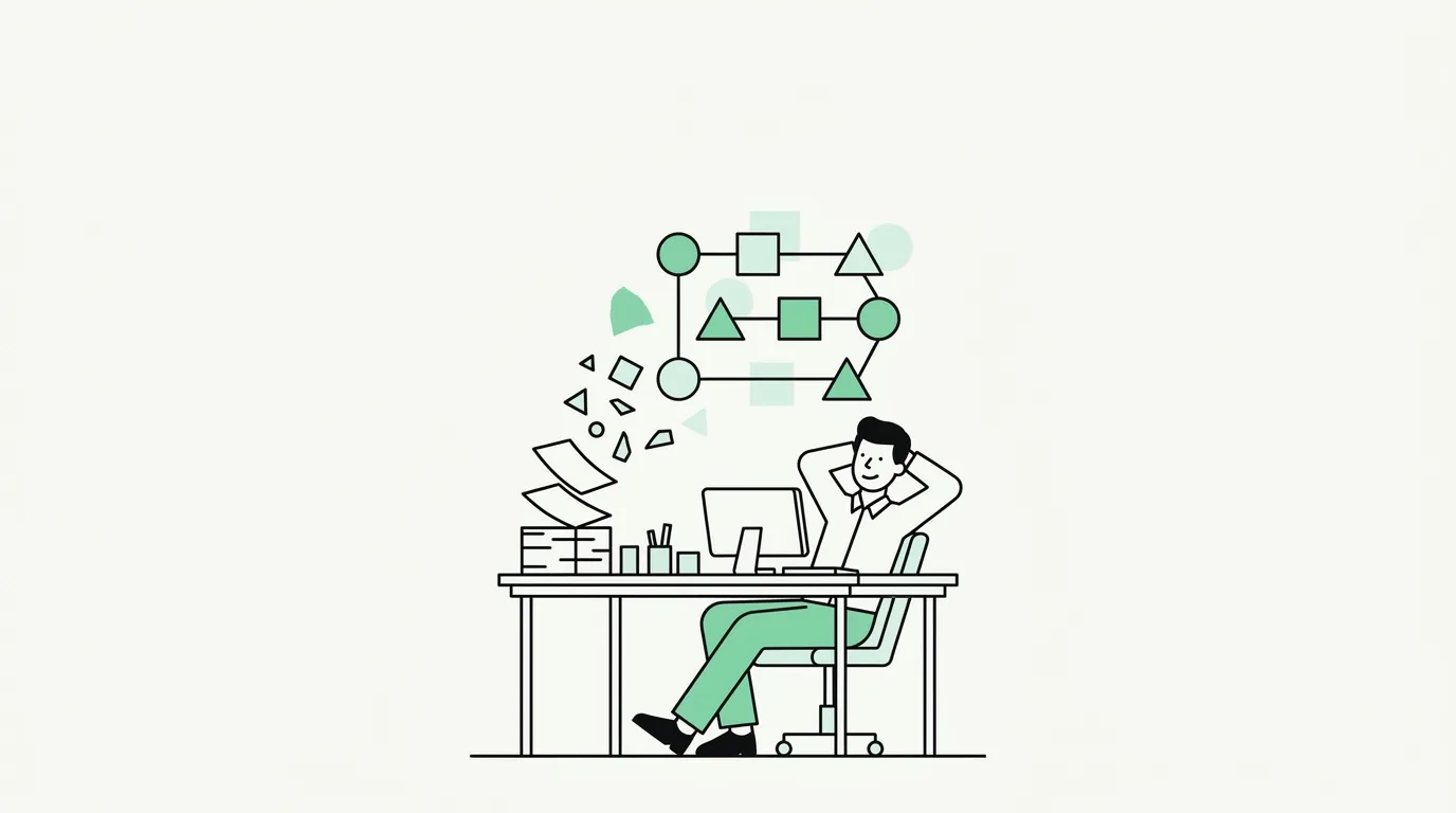 Een medewerker ontspannen aan een bureau terwijl een stapel papier vervangen wordt door een klein zwevend workflow-diagram