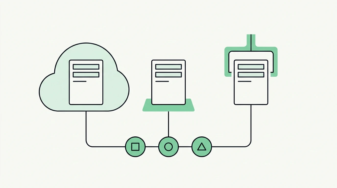 Drie abstracte serverblokken naast elkaar, elk verbonden met dezelfde keten van workflowknooppunten, als symbool voor de drie manieren om n8n te hosten