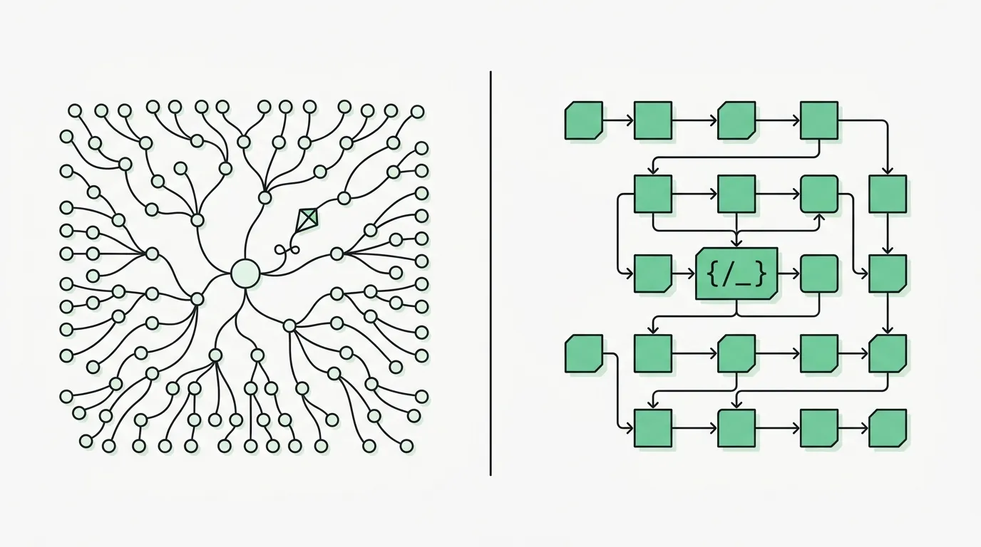 Twee workflowdiagrammen naast elkaar: links een breed vertakt netwerk van losse knooppunten, rechts een compact rooster van verbonden blokken met een code-icoon