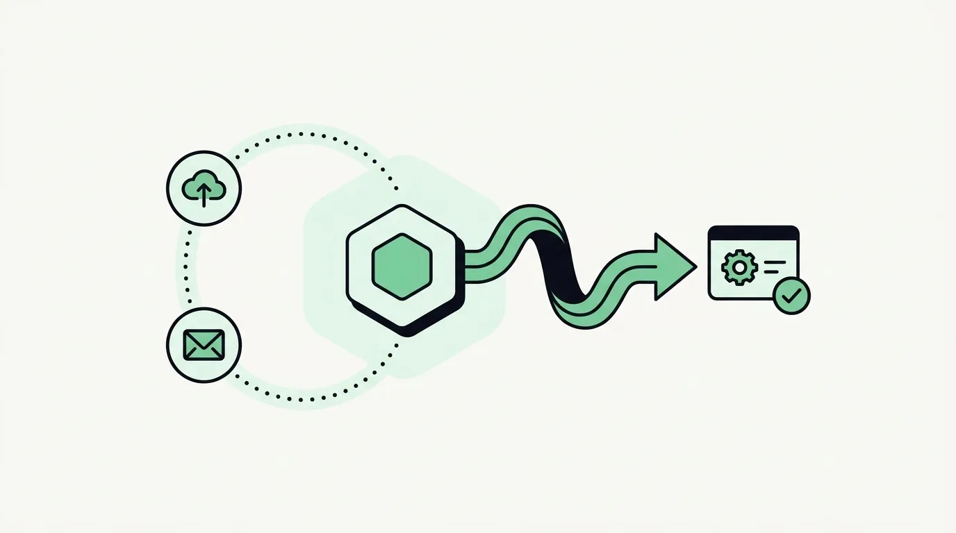 Illustratie van twee software-iconen die via een pijl en een bliksemschicht met elkaar verbonden worden, symbool voor een automatische koppeling tussen apps