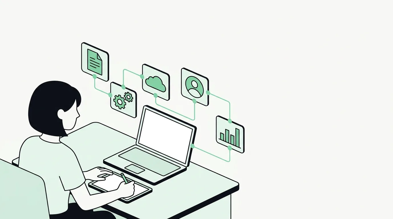 Een specialist bouwt een workflow tussen gekoppelde app-iconen op een laptop